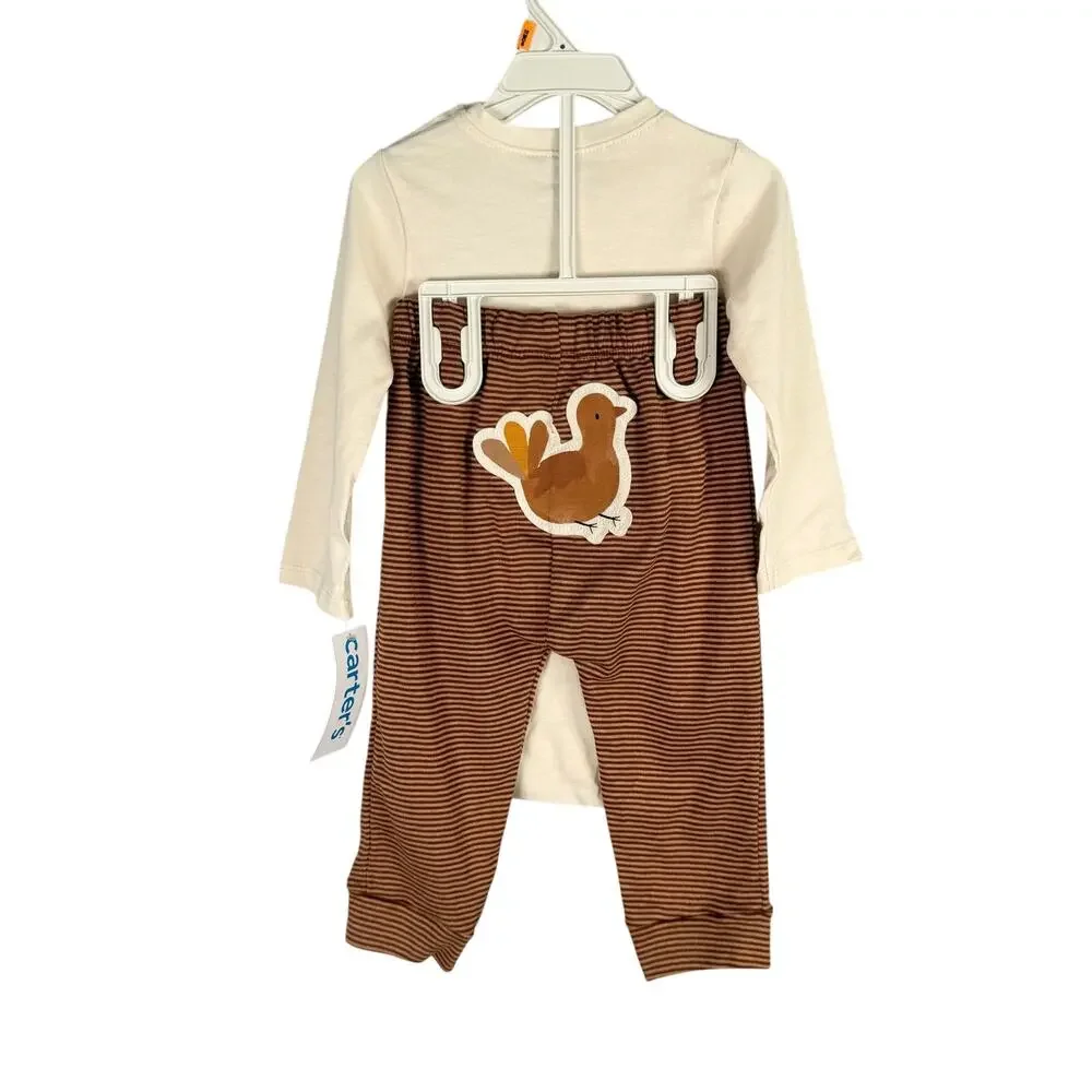 Carters 2pc Outfit 12M My First Thanksgiving Cream with Turkey Tan Striped Pants